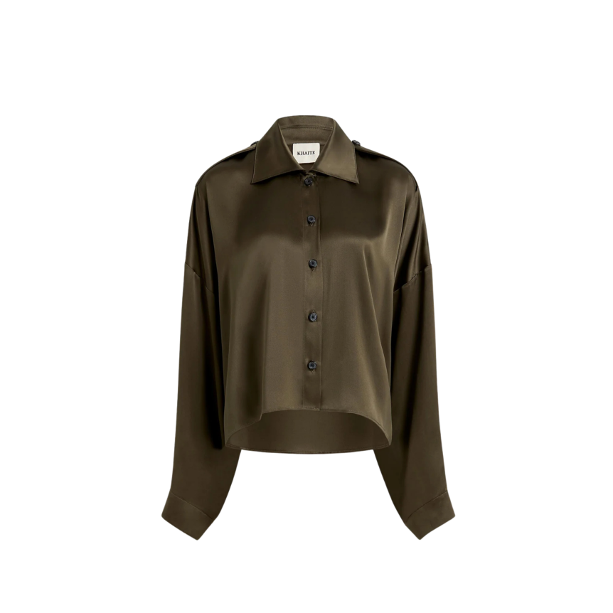 Chemise large à bouton KHAITE Bodine charmeuse de soie fluide vintage vert kaki