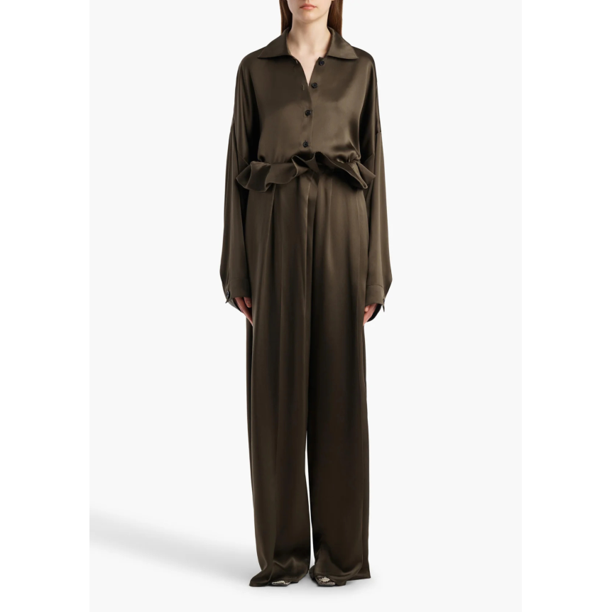 Chemise large à bouton KHAITE Bodine charmeuse de soie fluide vintage vert kaki