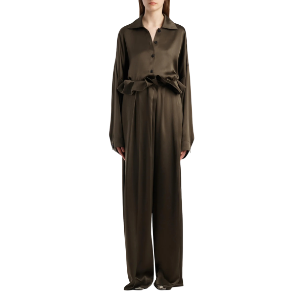 Pantalon KHAITE Kira large taille haute fronce volant soie kaki