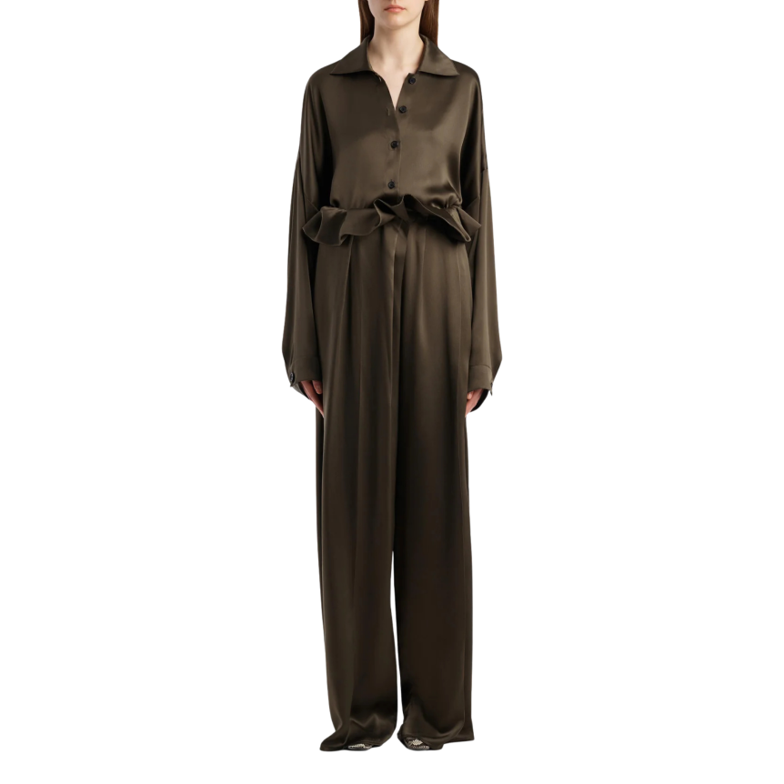 Pantalon KHAITE Kira large taille haute fronce volant soie kaki