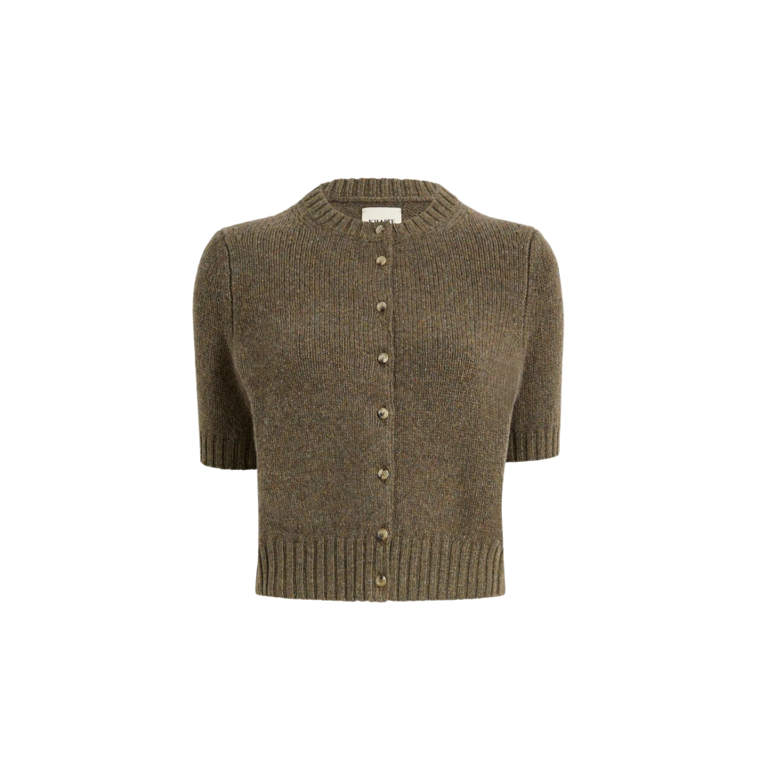 Cardigan à bouton KHAITE Nora manche courte col rond cachemire marron chiné