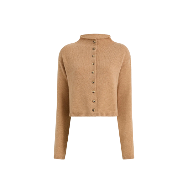 Cardigan court à bouton KHAITE Annora col cheminée cachemire camel