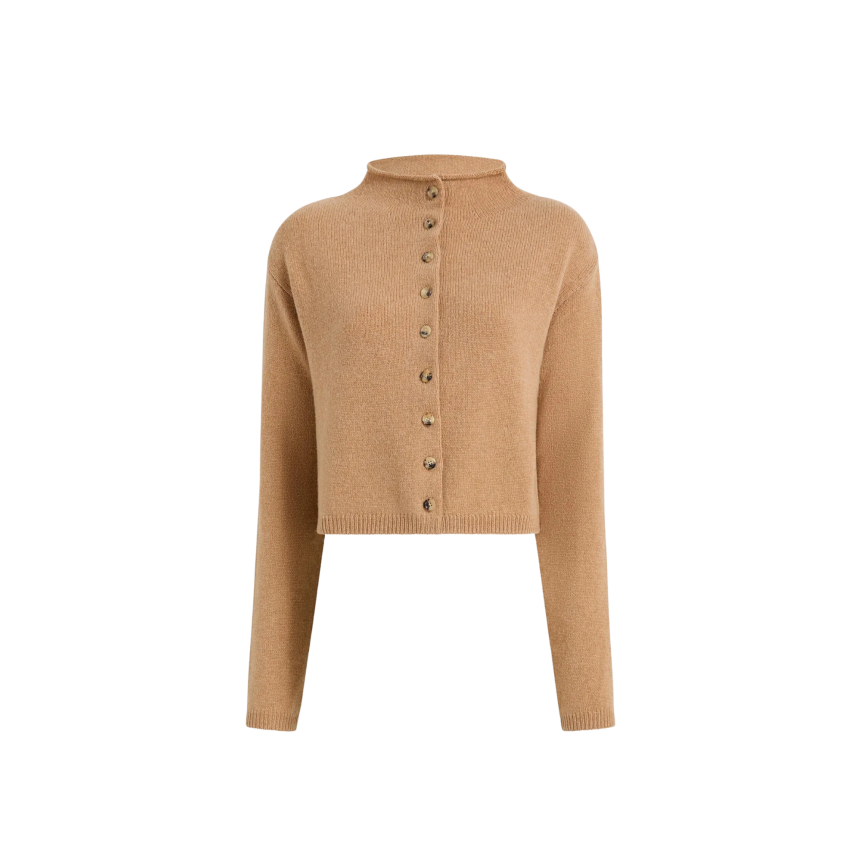 Cardigan court à bouton KHAITE Annora col cheminée cachemire camel