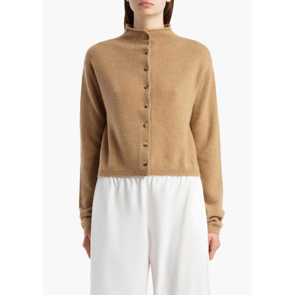 Cardigan court à bouton KHAITE Annora col cheminée cachemire camel