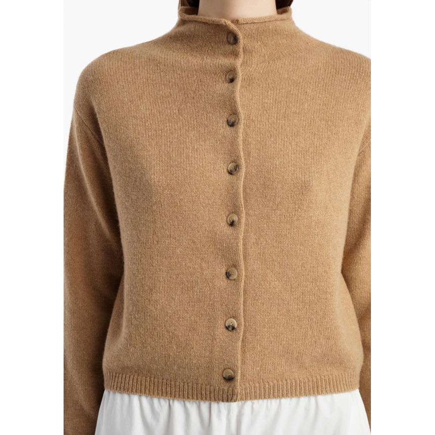 Cardigan court à bouton KHAITE Annora col cheminée cachemire camel