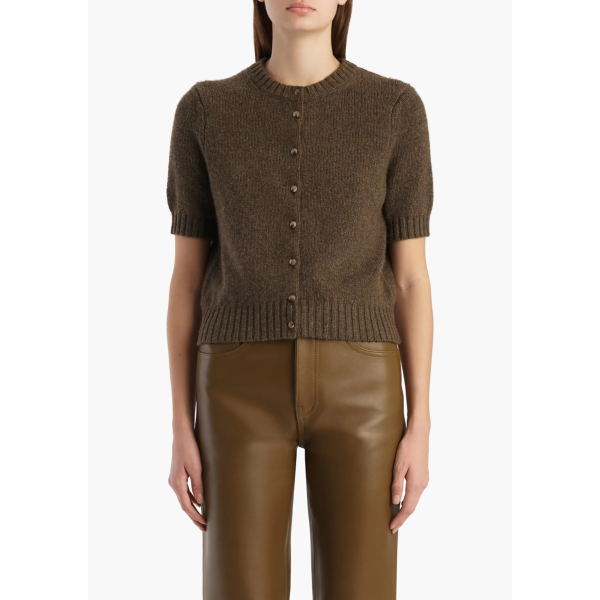 Cardigan à bouton KHAITE Nora manche courte col rond cachemire marron chiné