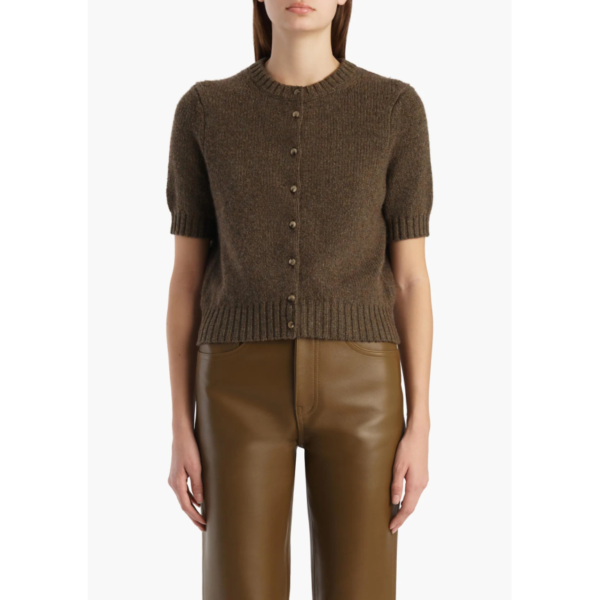 Cardigan à bouton KHAITE Nora manche courte col rond cachemire marron chiné