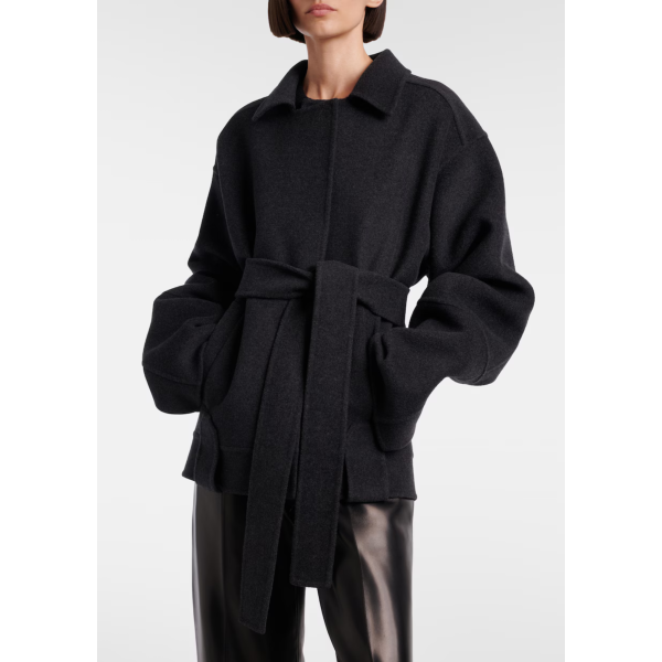 Veste oversize KHAITE Alder laine gris anthracite ceinture à nouer