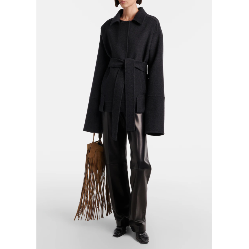 Veste oversize KHAITE Alder laine gris anthracite ceinture à nouer