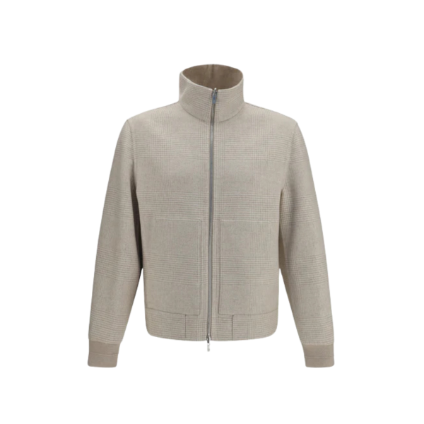 Blouson bomber BRUNELLO CUCINELLI col montant cachemire prince de galles écru réversible beige