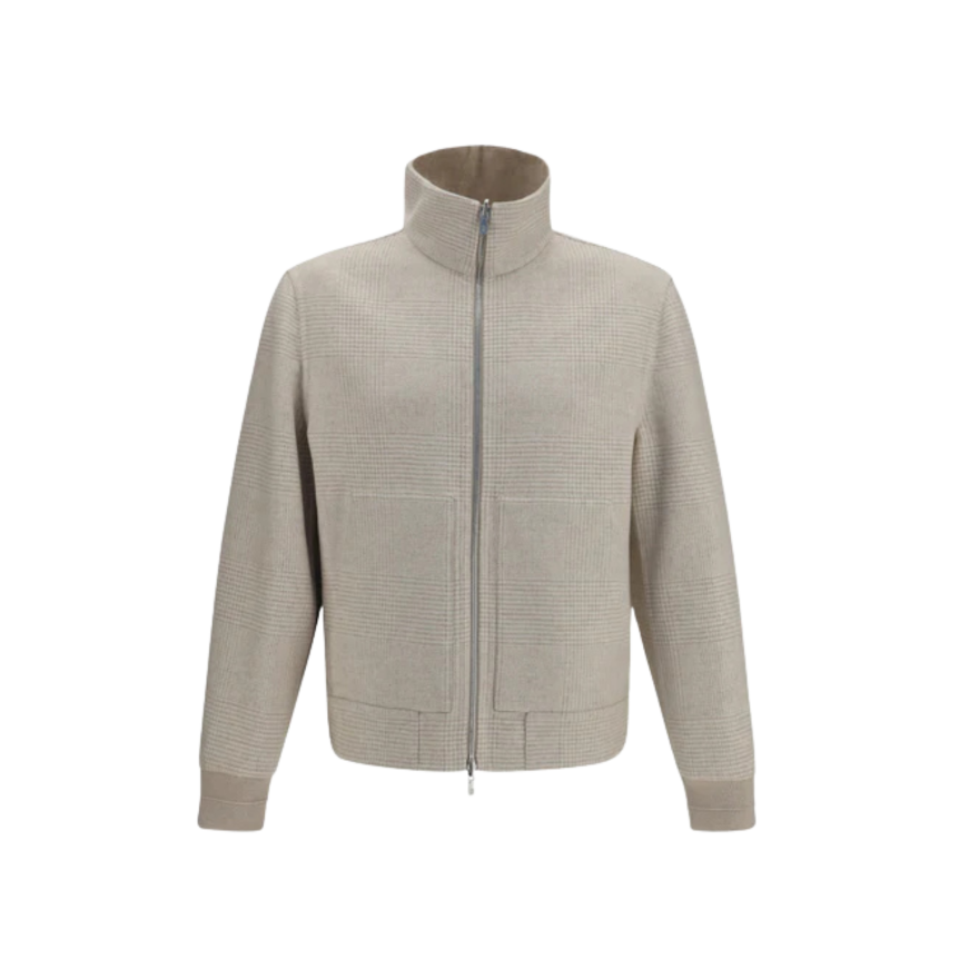 Blouson bomber BRUNELLO CUCINELLI col montant cachemire prince de galles écru réversible beige