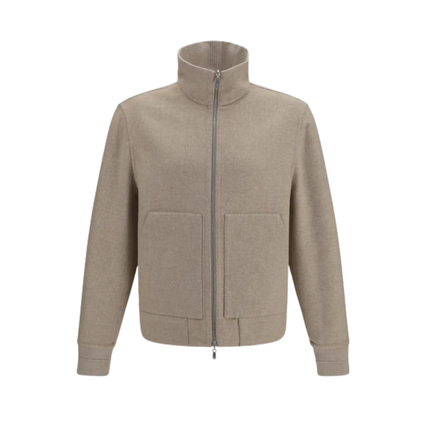 Blouson bomber BRUNELLO CUCINELLI col montant cachemire prince de galles écru réversible beige