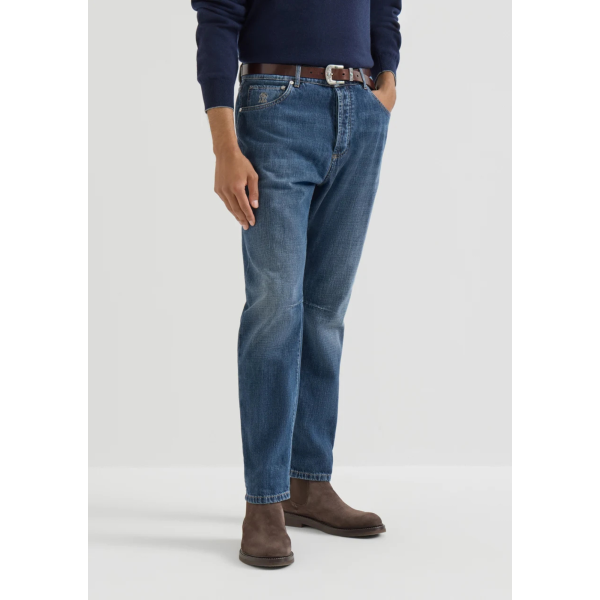 Pantalon Jean BRUNELLO CUCINELLI cinq poches denim léger coton bleu délavé