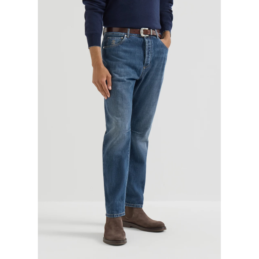 Pantalon Jean BRUNELLO CUCINELLI cinq poches denim léger coton bleu délavé