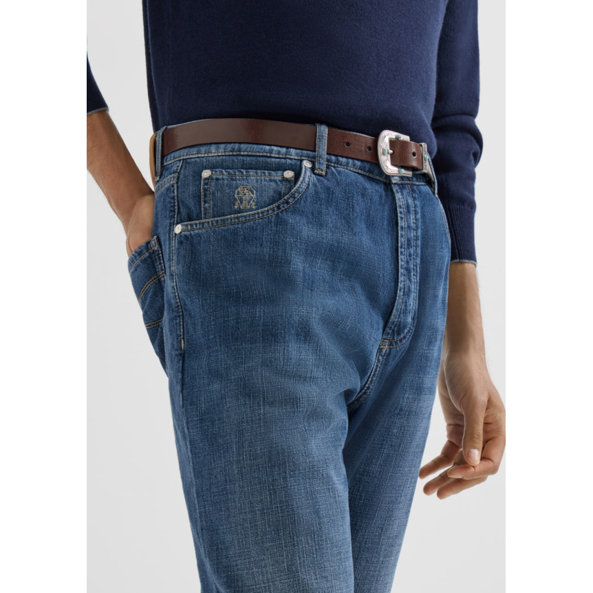 Pantalon Jean BRUNELLO CUCINELLI cinq poches denim léger coton bleu délavé