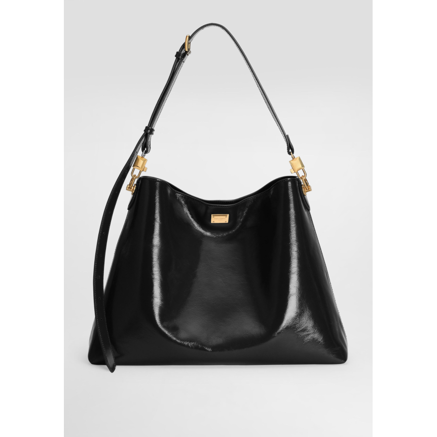 DOLCE & GABBANA Grand sac à bandoulière Vittoria en cuir de veau brillant noir