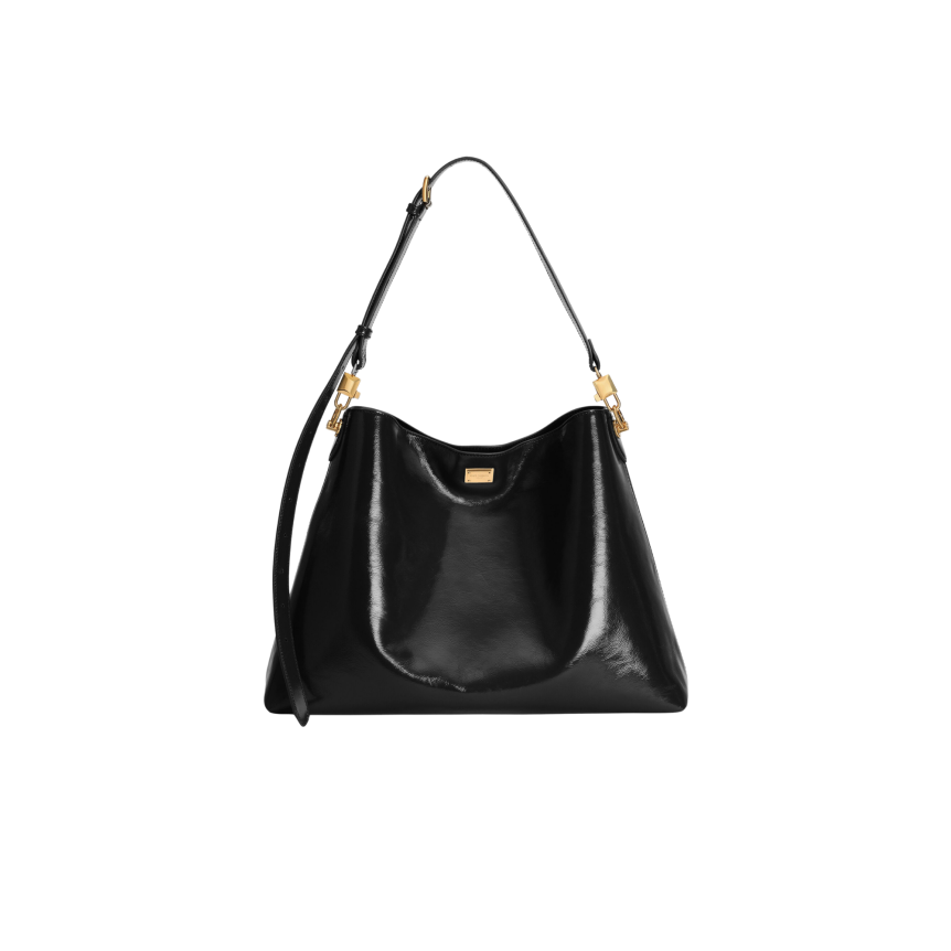 DOLCE & GABBANA Grand sac à bandoulière Vittoria en cuir de veau brillant noir