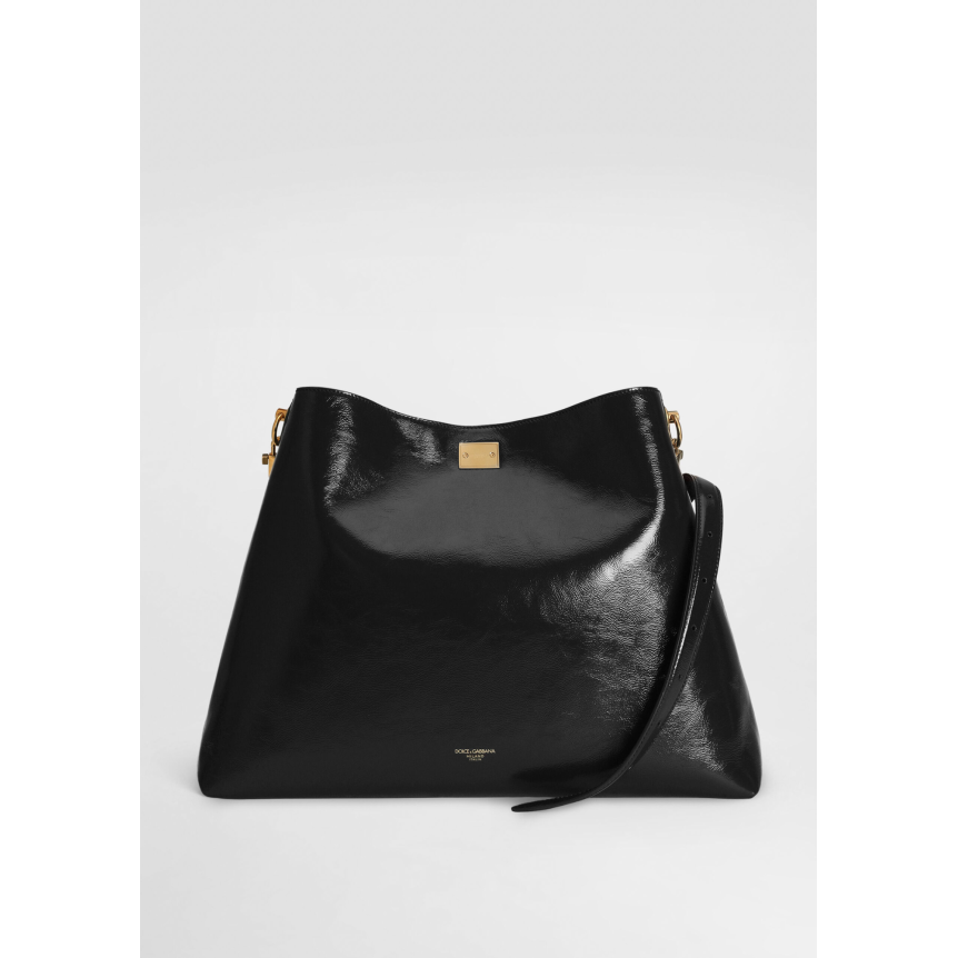 DOLCE & GABBANA Grand sac à bandoulière Vittoria en cuir de veau brillant noir