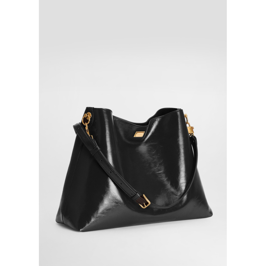 DOLCE & GABBANA Grand sac à bandoulière Vittoria en cuir de veau brillant noir