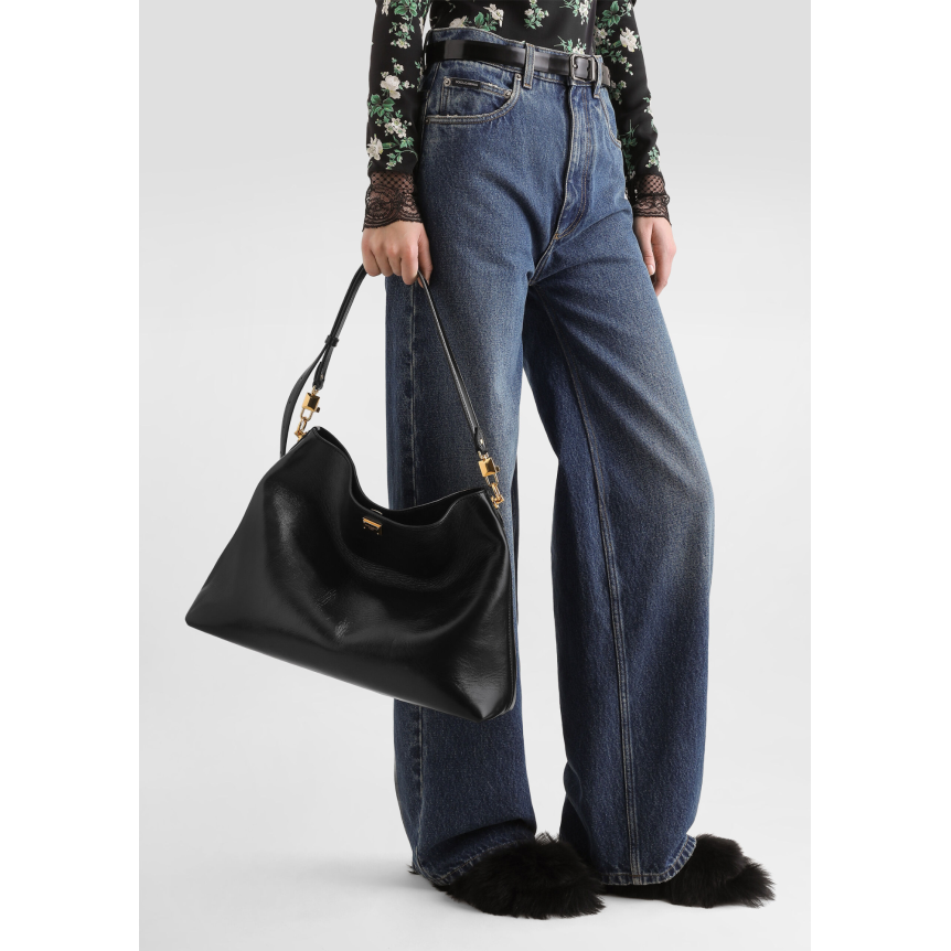 DOLCE & GABBANA Grand sac à bandoulière Vittoria en cuir de veau brillant noir