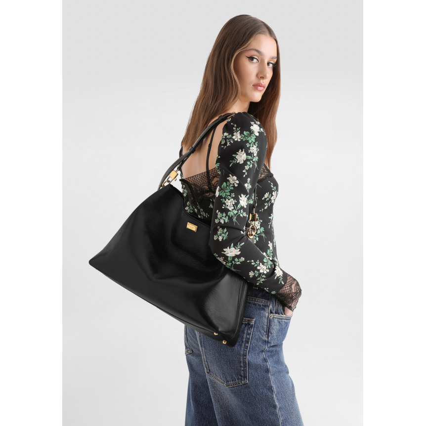 DOLCE & GABBANA Grand sac à bandoulière Vittoria en cuir de veau brillant noir