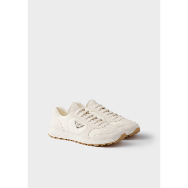Sneakers PRADA Prax en daim beige et Re Nylon ivoire