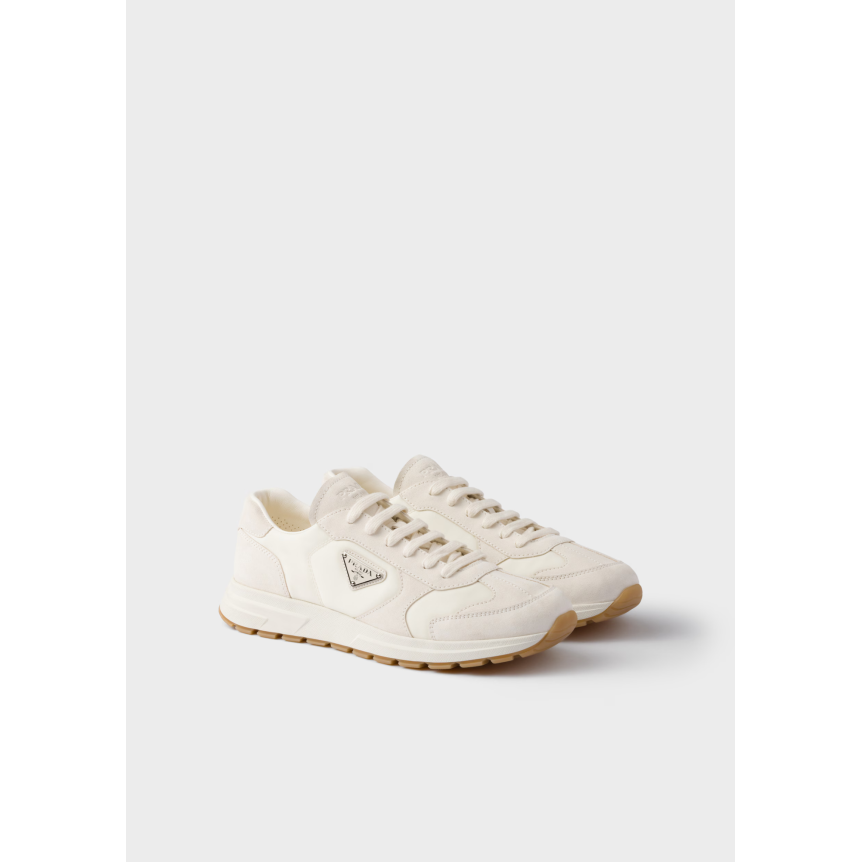 Sneakers PRADA Prax en daim beige et Re Nylon ivoire