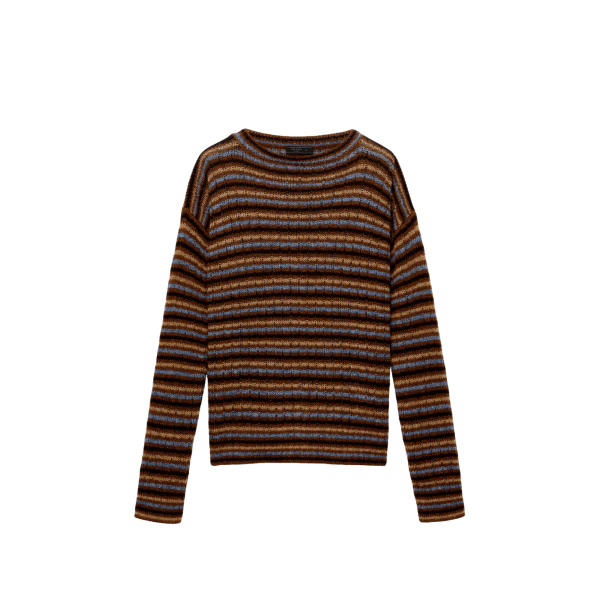 PRADA Pull à col bateau en laine Shetland rayures camel marron noir ciel