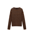 Pull à col bateau en laine Shetland rayures camel marron noir ciel
