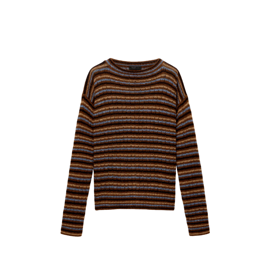 PRADA Pull à col bateau en laine Shetland rayures camel marron noir ciel