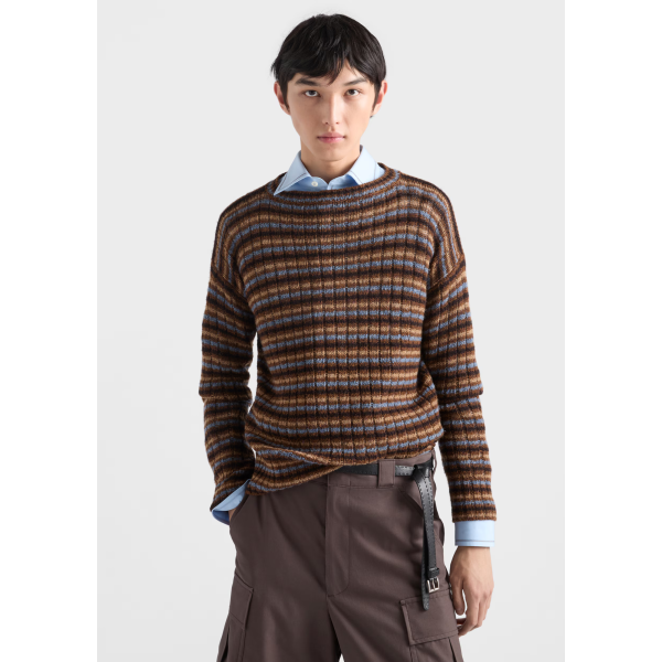 PRADA Pull à col bateau en laine Shetland rayures camel marron noir ciel