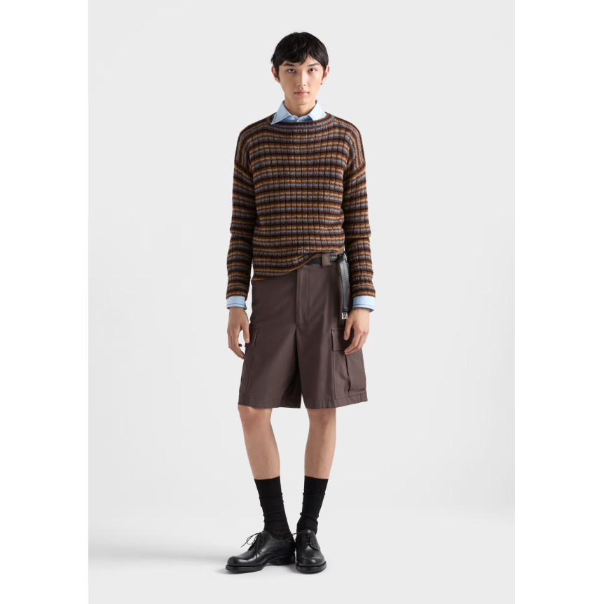 PRADA Pull à col bateau en laine Shetland rayures camel marron noir ciel