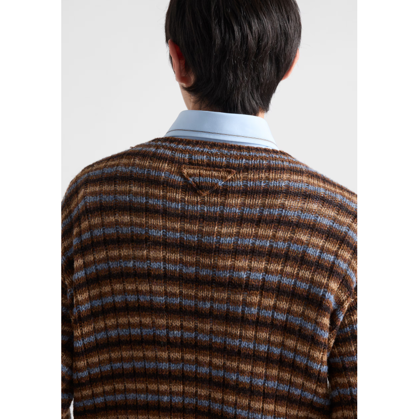 PRADA Pull à col bateau en laine Shetland rayures camel marron noir ciel