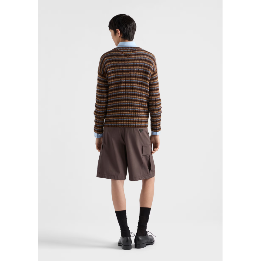 PRADA Pull à col bateau en laine Shetland rayures camel marron noir ciel