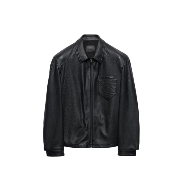 Blouson zippé PRADA en cuir d'agneau nappa noir col chemise etiquette logo