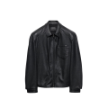 Blouson zippé en cuir d'agneau nappa noir col chemise etiquette logo