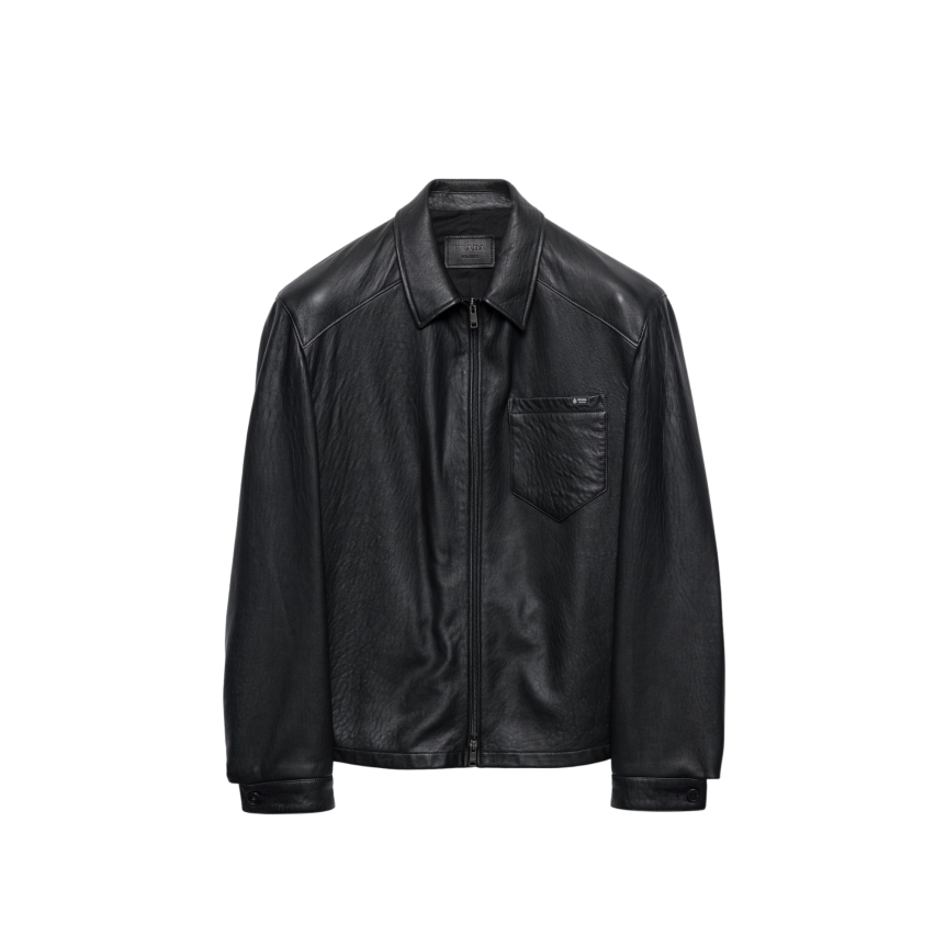 Blouson zippé PRADA en cuir d'agneau nappa noir col chemise etiquette logo