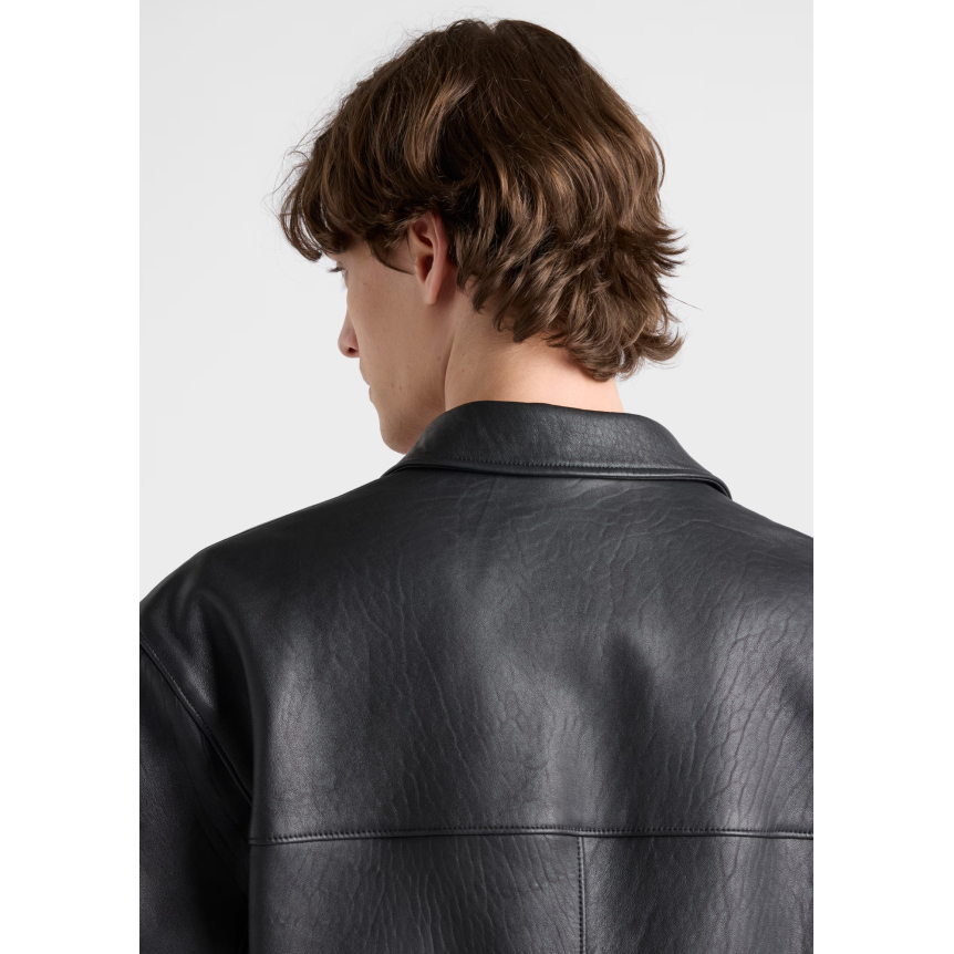 Blouson zippé PRADA en cuir d'agneau nappa noir col chemise etiquette logo
