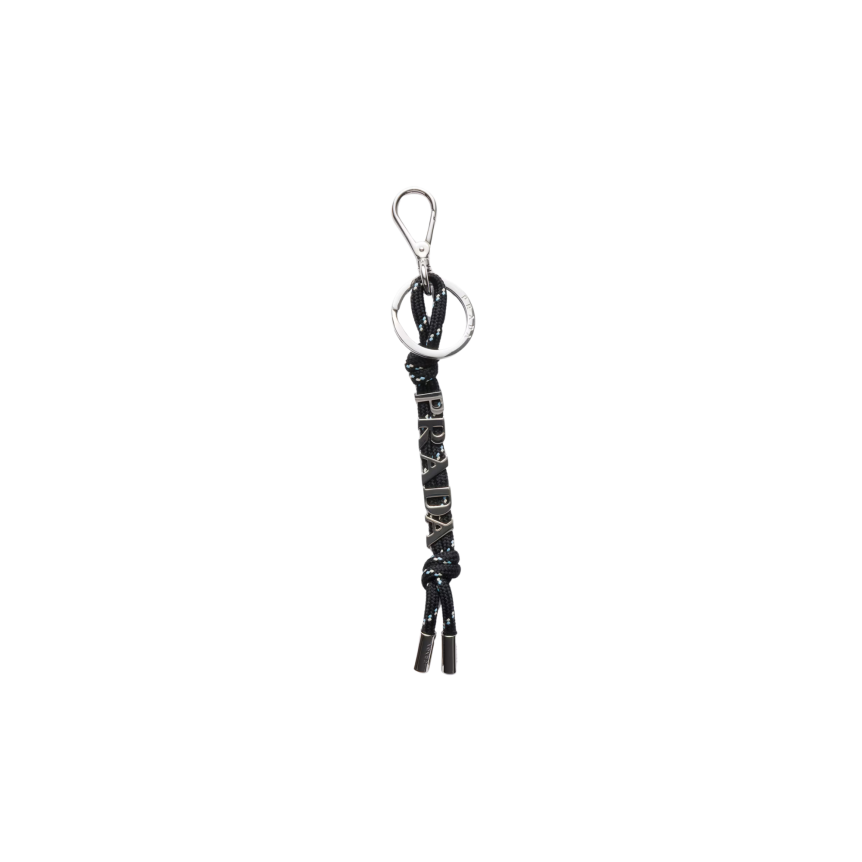 Porte-clés cordon PRADA Speedrock noir logo métal argent