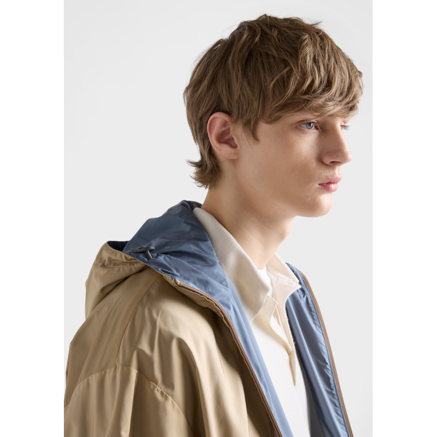 Veste zippée à capuche PRADA en Re nylon camel réversible bleu ciel logo triangle émail
