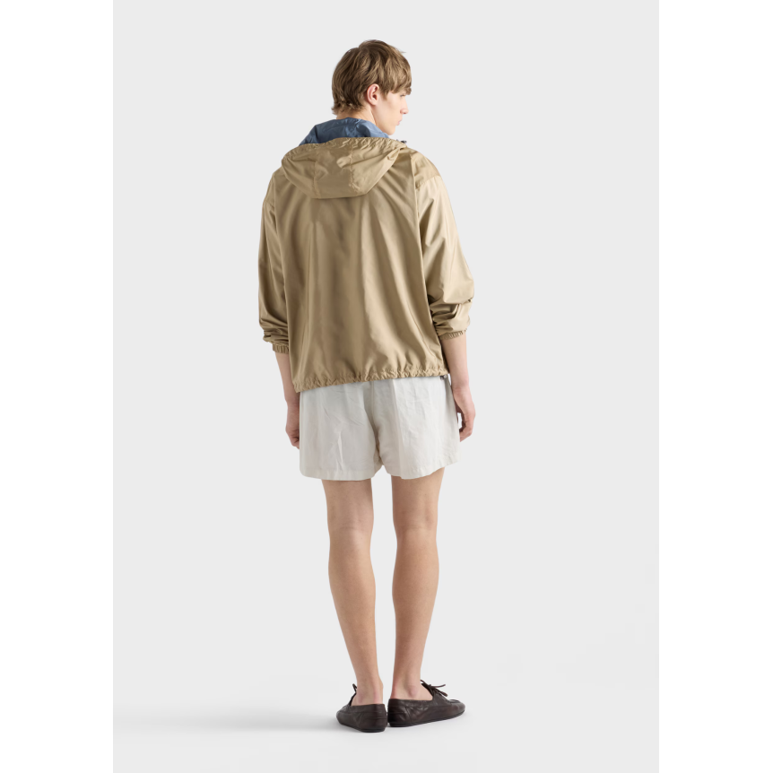 Veste zippée à capuche PRADA en Re nylon camel réversible bleu ciel logo triangle émail
