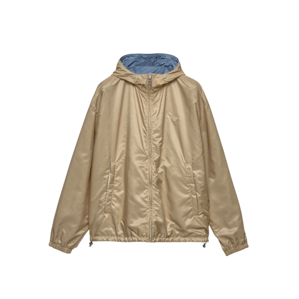Veste zippée à capuche PRADA en Re nylon camel réversible bleu ciel logo triangle émail