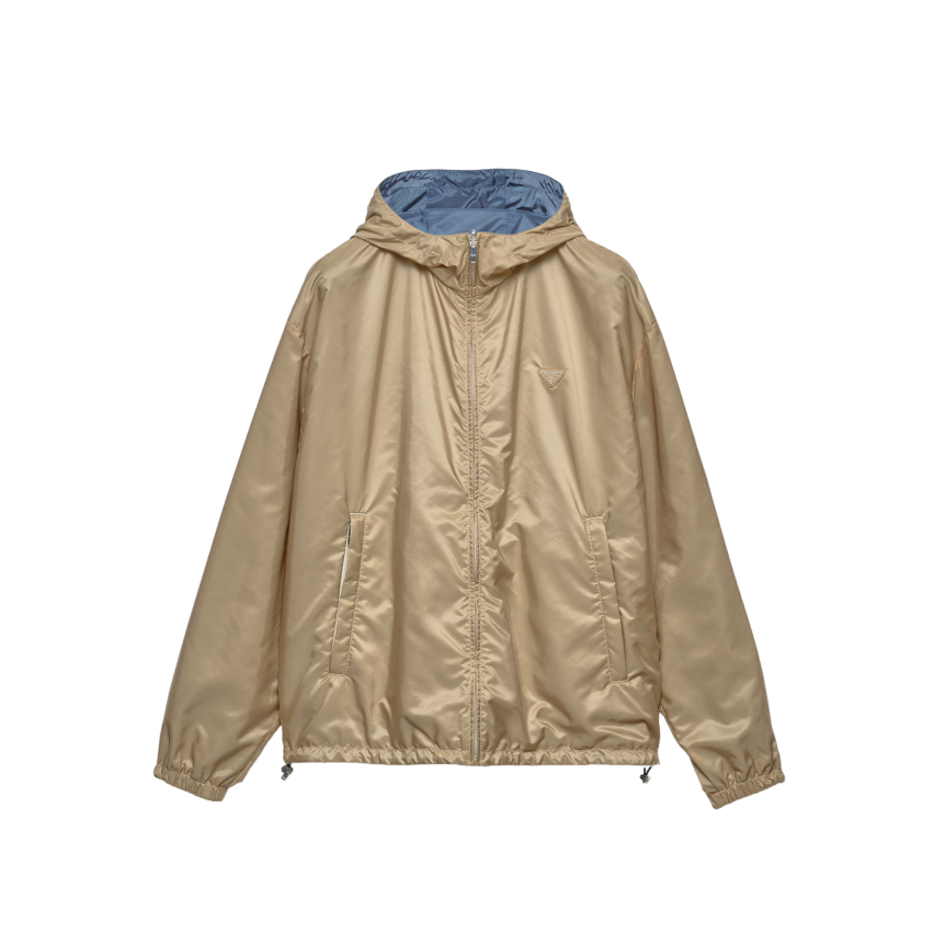 Veste zippée à capuche PRADA en Re nylon camel réversible bleu ciel logo triangle émail