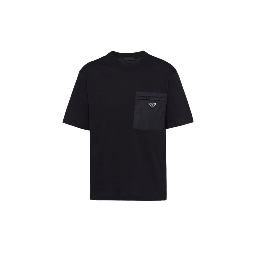 T-shirt col rond PRADA en nylon et jersey noir poche zippé Re nylon logo triangle métal émail