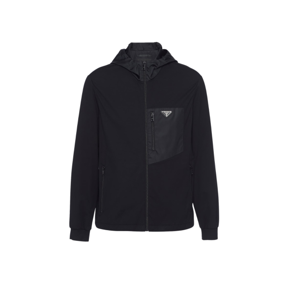 Cardigan zippé à capuche PRADA coton noir poche poitrine nylon logo triangle métal émail