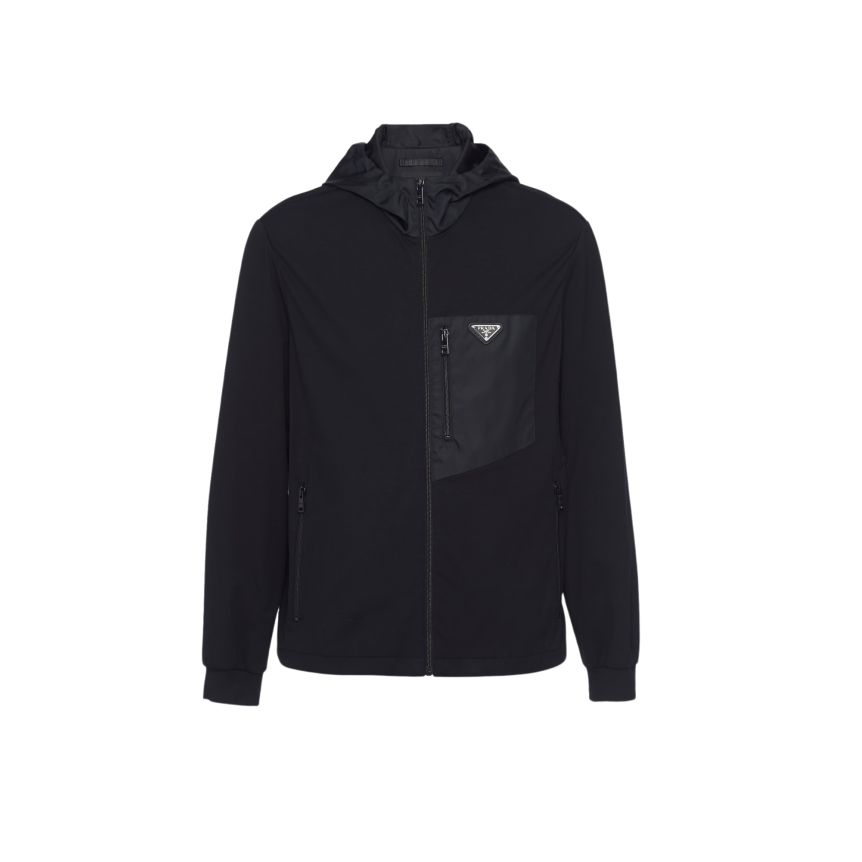 Cardigan zippé à capuche PRADA coton noir poche poitrine nylon logo triangle métal émail