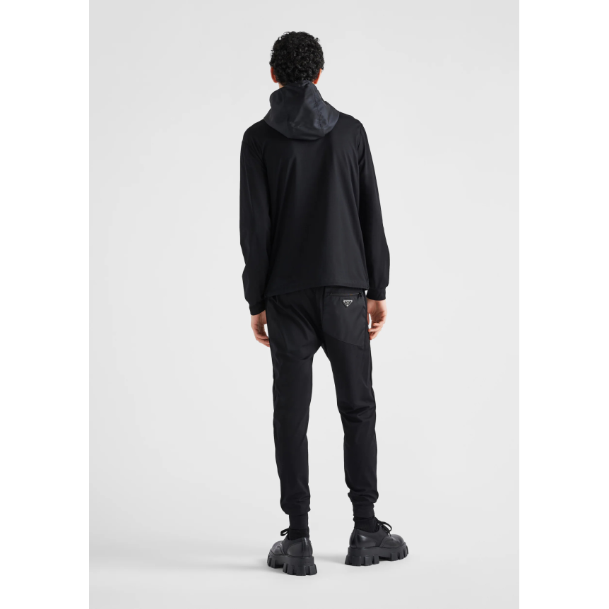 Cardigan zippé à capuche PRADA coton noir poche poitrine nylon logo triangle métal émail
