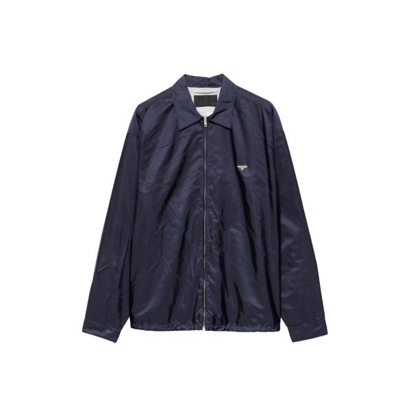 PRADA Blouson col chemise ample zippée en nylon Re bleu marine logo triangle métal émail