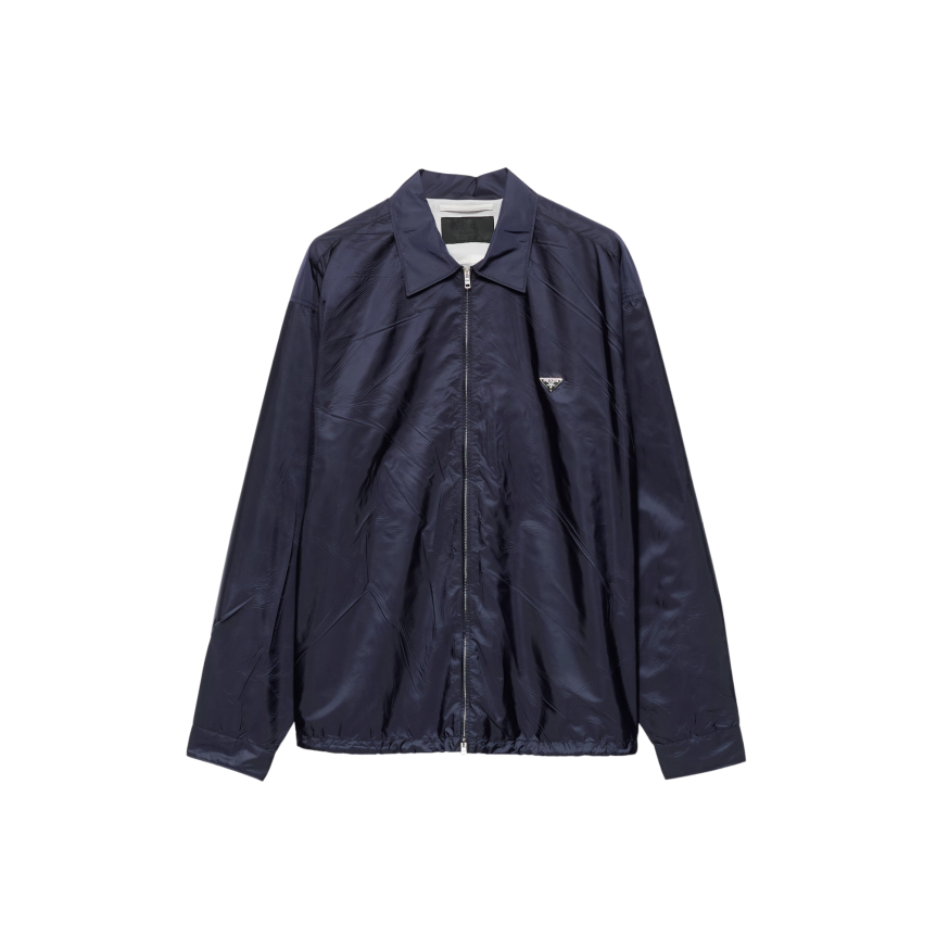 PRADA Blouson col chemise ample zippée en nylon Re bleu marine logo triangle métal émail