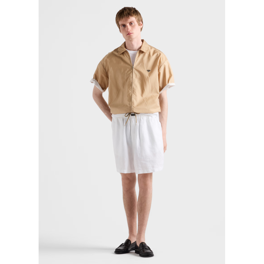 Chemise zippée manche courte PRADA en nylon Re camel logo triangle métal émail